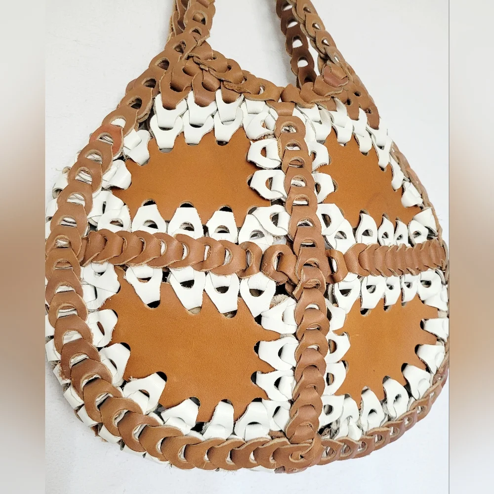 Genuine Braided Leather Boho Chic Hobo Bag Two-Tone Cognac/White